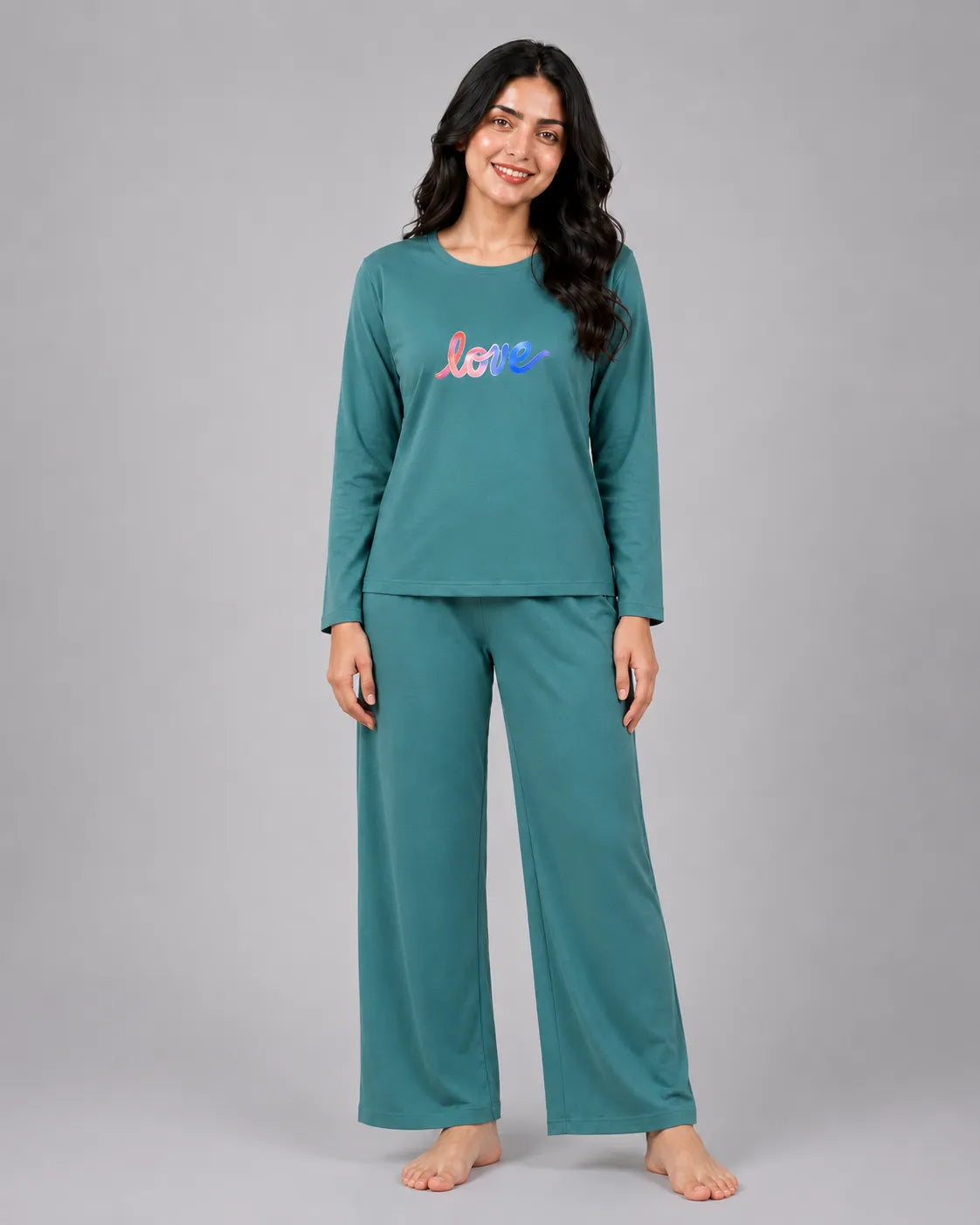 Women Round-Neck Lounge Wear | Multi Love - Sherwood Green