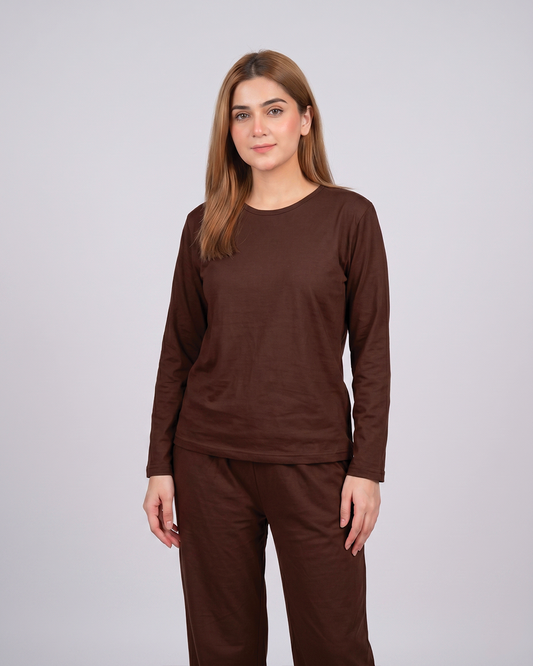 Women Round-Neck Lounge Wear - Chocolate Brown