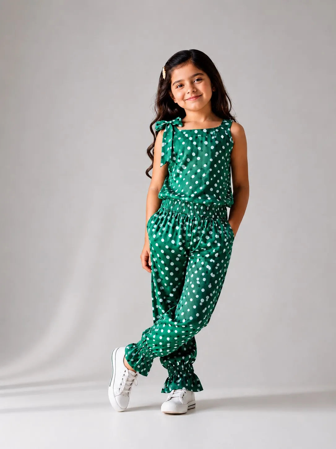 Girls Green Polka Dot Sleeveless Jumpsuit