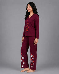 Women V-Neck Lounge Wear | Red Butterfly - Maroon