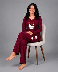 Women V-Neck Lounge Wear | Hello Kitty - Maroon