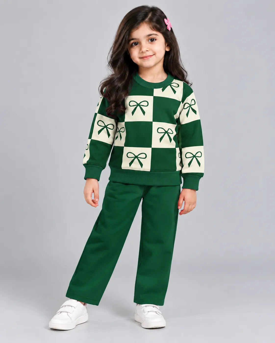 Check Bow Kids Winter Set - Dark Green