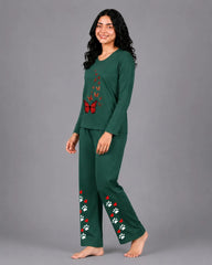 Women Round-Neck Lounge Wear | Red Butterfly - Sherwood Green