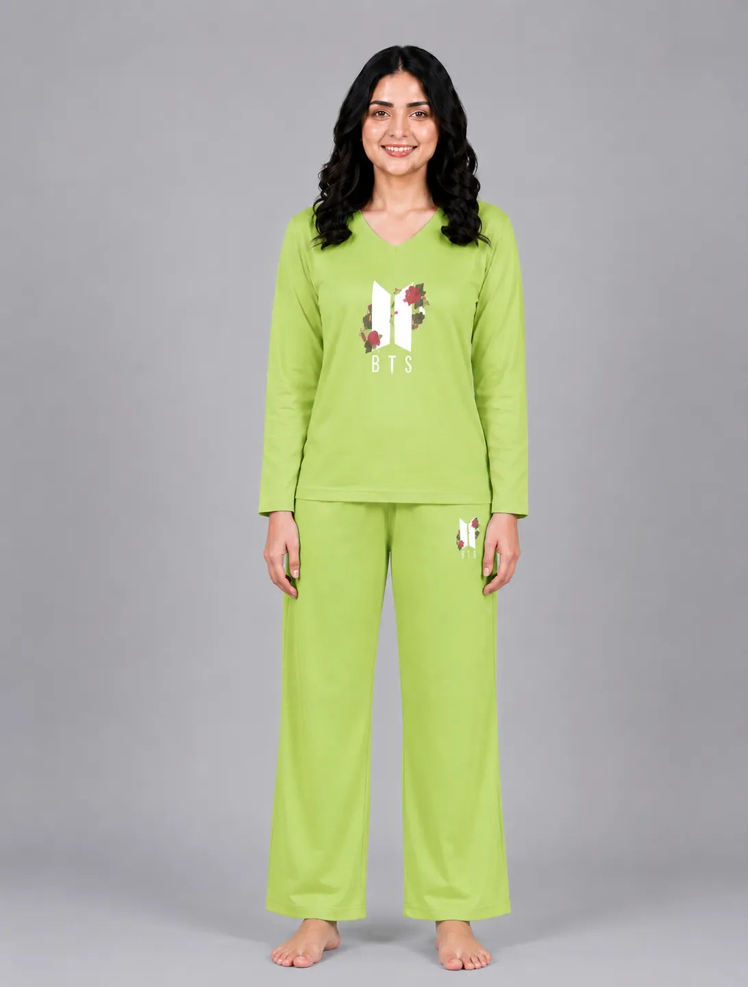 Women V-Neck Lounge Wear | BTS Flower - Lemon Yellow
