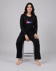 Women Round-Neck Lounge Wear | Multi Love - Black