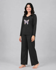 Women V Neck Lounge Wear | Colored Butterfly - Black