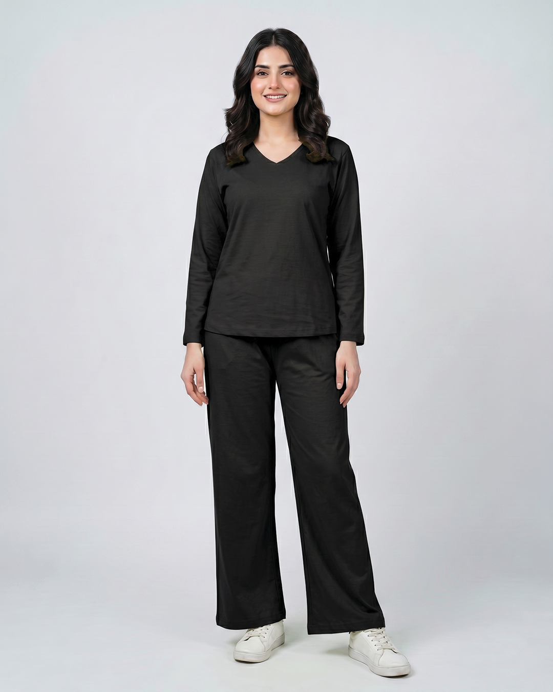 Women V Neck Lounge Wear - Black