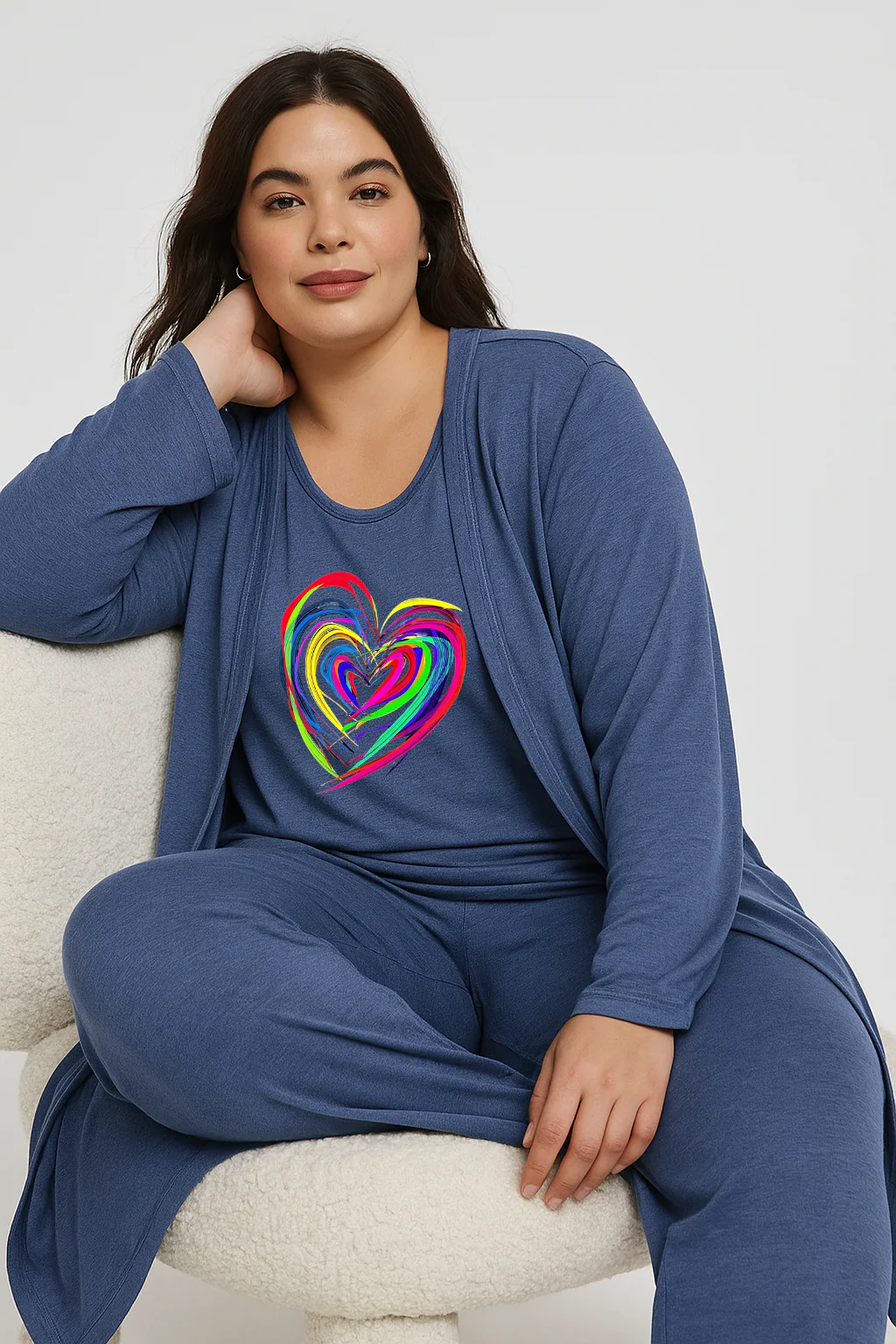 Women’s 3 Piece Nightwear Lounge Set with Neon Heart Print | Plus Size Loungewear