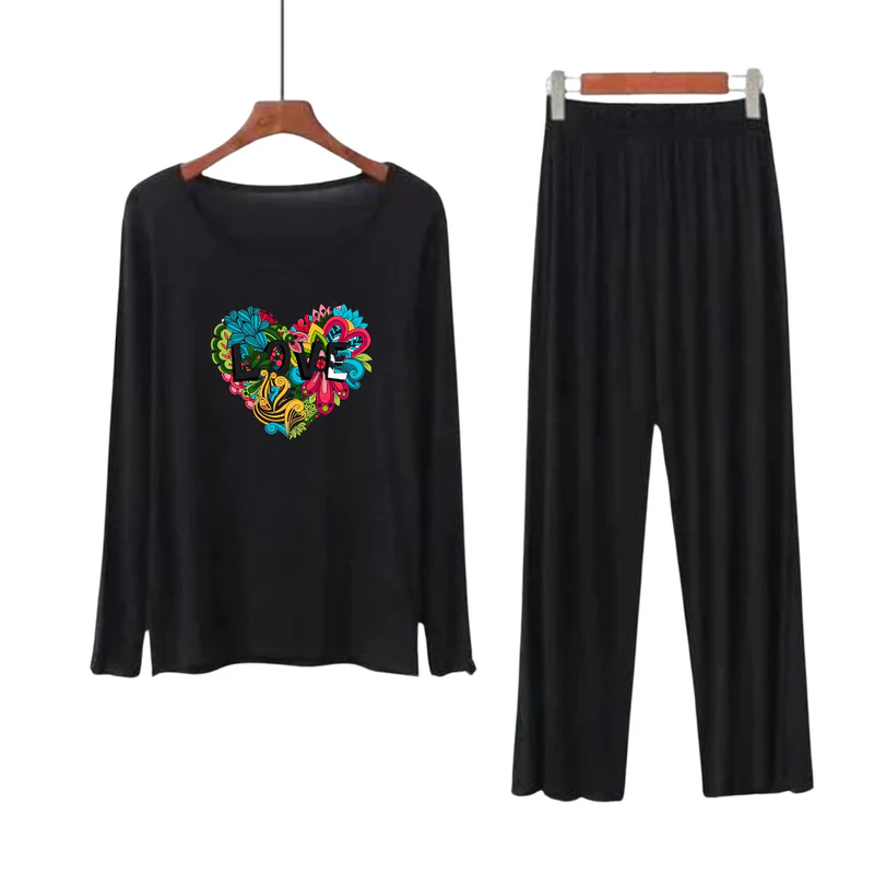 Women Round-Neck Lounge Wear | Love Color - Black