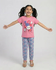 Girls Cute Cat & Flower Print Pajama Set - Short Sleeve