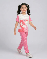 Girls Flamingo Heart Print Top & Flared Pants Set