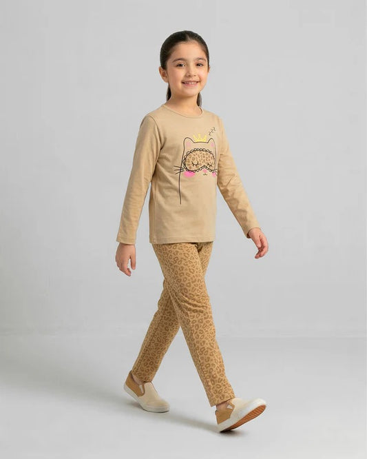 Sleepy Cat Pajama Set - Camel