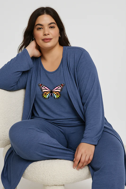 Women’s 3 Piece Nightwear Lounge Set with Rainbow Butterfly Print | Plus Size Loungewear