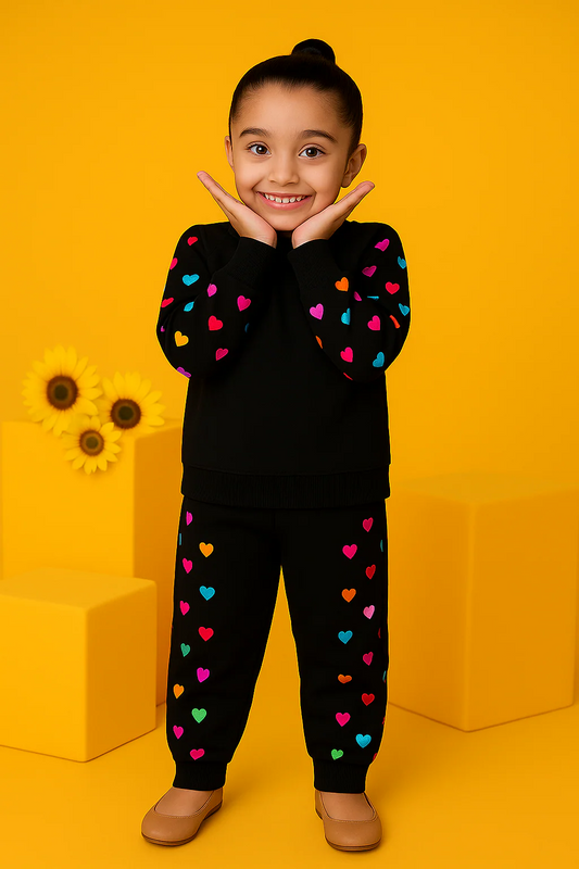 Colourful Heart Printed Sweatshirt Set | black