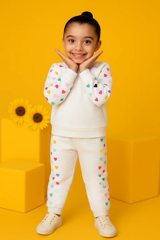 Colourful Heart Printed Sweatshirt Set | white
