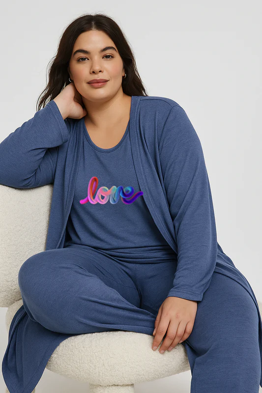 Women’s 3 Piece Nightwear Lounge Set with Multi Pattern Print | Plus Size Loungewear