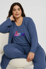 Women’s 3 Piece Nightwear Lounge Set with Multi Pattern Print | Plus Size Loungewear