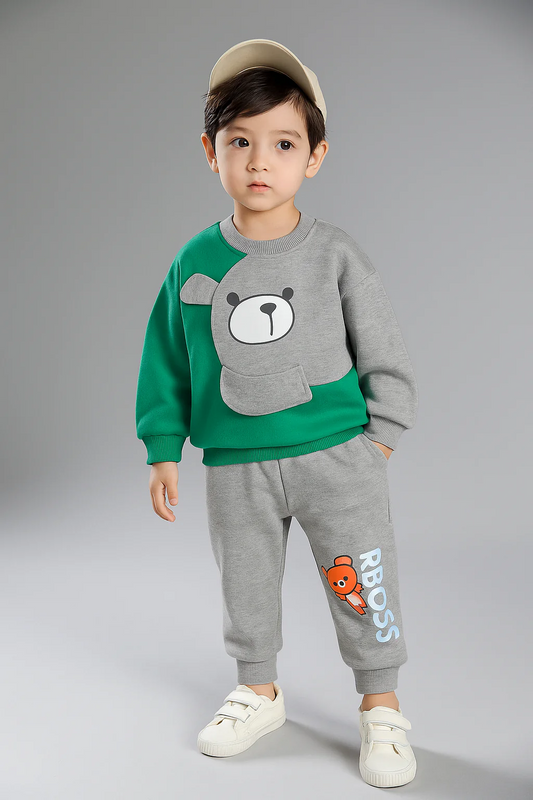 Kids Boss Winter Sweat Shirt Set - Green & Grey