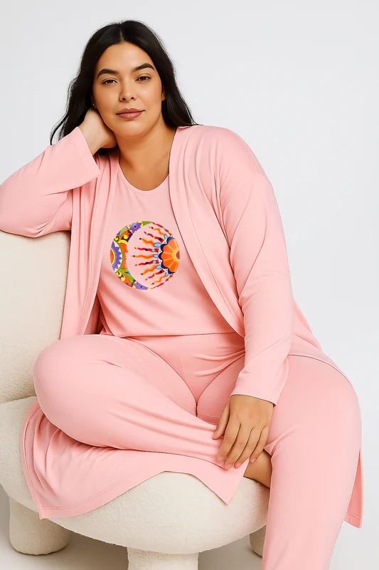 Women’s 3 Piece Nightwear Lounge Set with Moon & Sun Print | Plus Size Loungewear