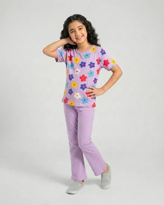 Blossom Dream Girls Floral Top & Purple Flare Pants Set