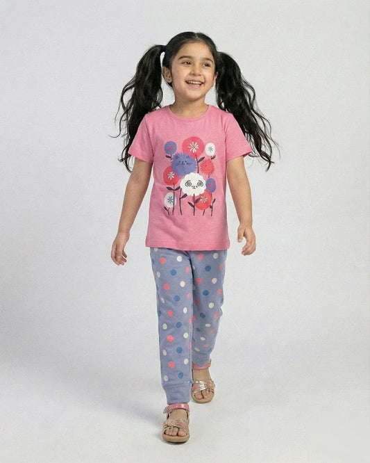 Girls Cute Cat & Flower Print Pajama Set - Short Sleeve