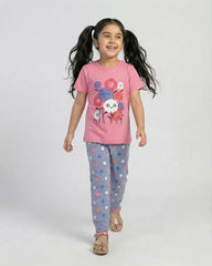 Girls Cute Cat & Flower Print Pajama Set - Short Sleeve
