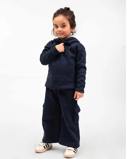 Kids Premium Navy Fleece Cargo Hoodie & Wide-Leg Winter Co-Ord Set
