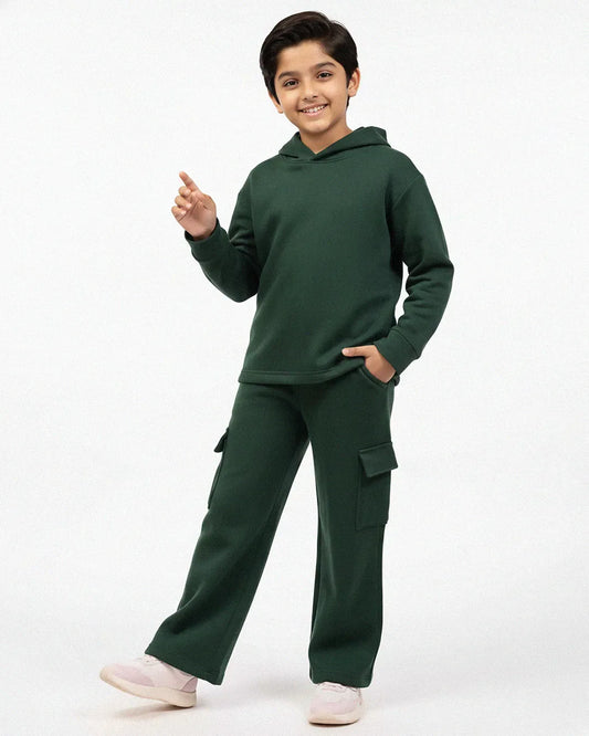 Kids Premium Fleece Cargo Hoodie & Wide-Leg Trouser Set – Forest Green