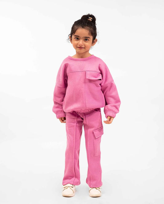 Girls Winter Fleece Cargo Suit – Pink Warm Sweatshirt & Trouser Set