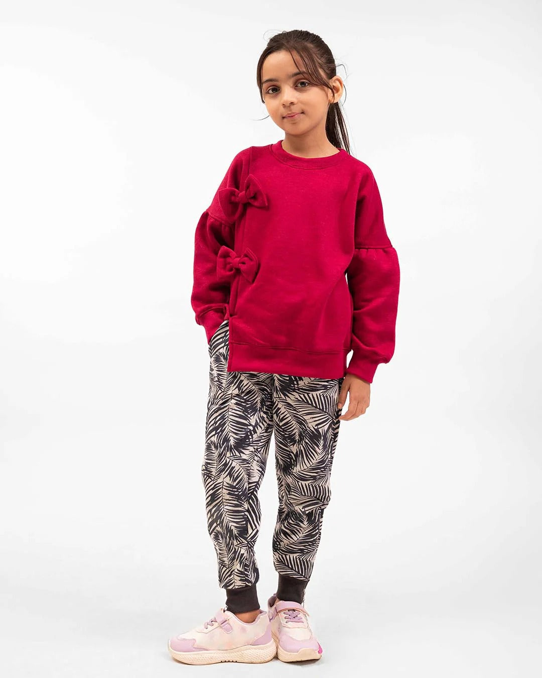 Girls Bow Sweatshirt & Leaf Print Jogger Set | Maroon