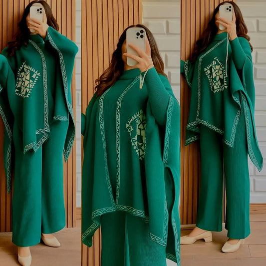 Winter 3 Piece Cape Shawl For Women | Bottle Green