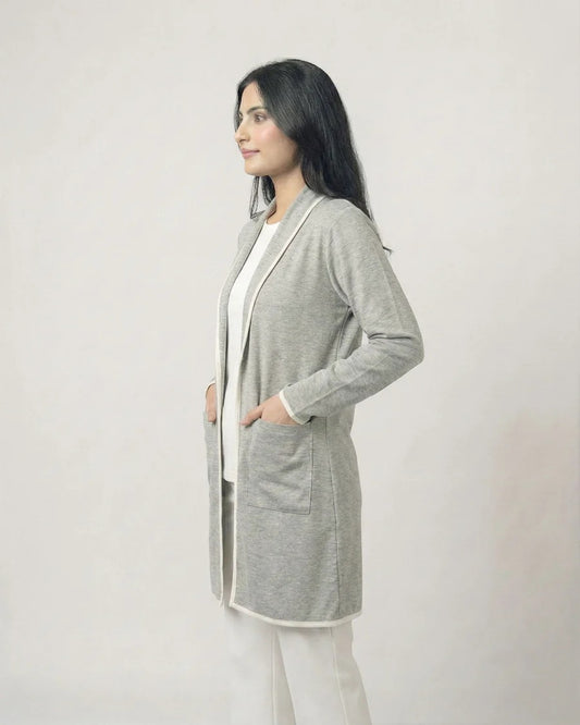 Grey Front Open Long Coat Dual Pockets Jacket
