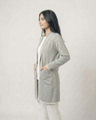 Grey Front Open Long Coat Dual Pockets Jacket