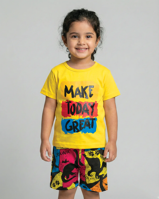 Make Today Great Yellow T-Shirt & Printed Shorts Set