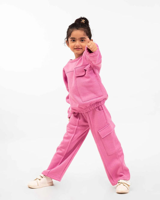 Girls Winter Fleece Cargo Suit – Pink Warm Sweatshirt & Trouser Set