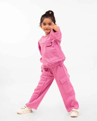 Girls Winter Fleece Cargo Suit – Pink Warm Sweatshirt & Trouser Set