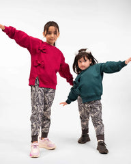 Girls Bow Sweatshirt & Leaf Print Jogger Set | Maroon