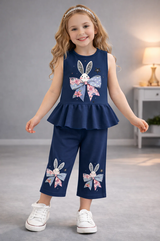 Navy Blue Bunny Bloom Pajama Set