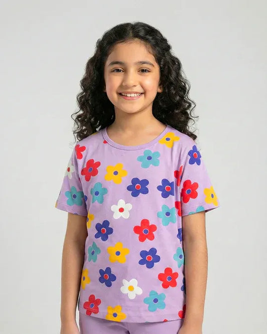 Blossom Dream Girls Floral Top & Purple Flare Pants Set