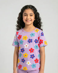 Blossom Dream Girls Floral Top & Purple Flare Pants Set