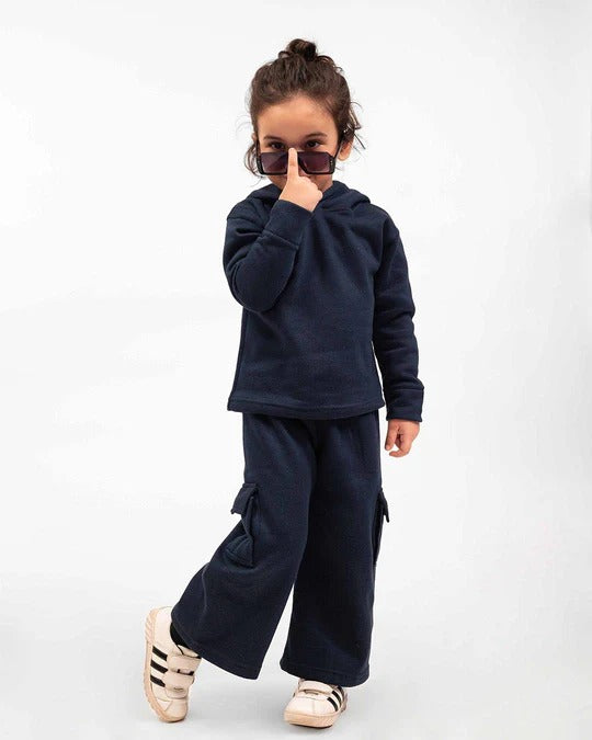 Kids Premium Navy Fleece Cargo Hoodie & Wide-Leg Winter Co-Ord Set