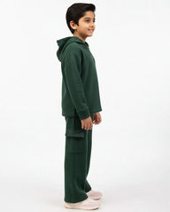 Kids Premium Fleece Cargo Hoodie & Wide-Leg Trouser Set – Forest Green