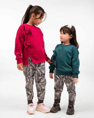 Girls Bow Sweatshirt & Leaf Print Jogger Set | Maroon