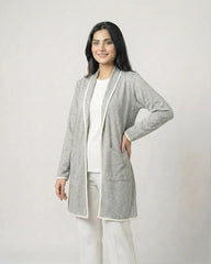 Grey Front Open Long Coat Dual Pockets Jacket