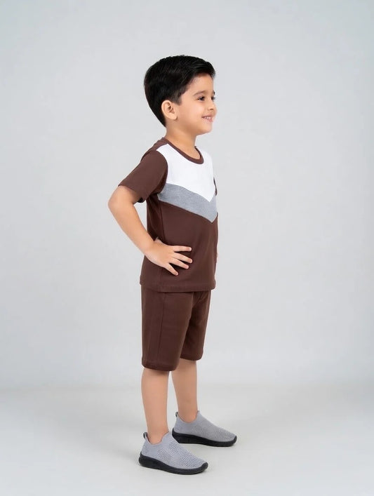 Brown Grey Panel Kids Short Sleeve Kids Wear