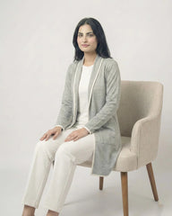 Grey Front Open Long Coat Dual Pockets Jacket