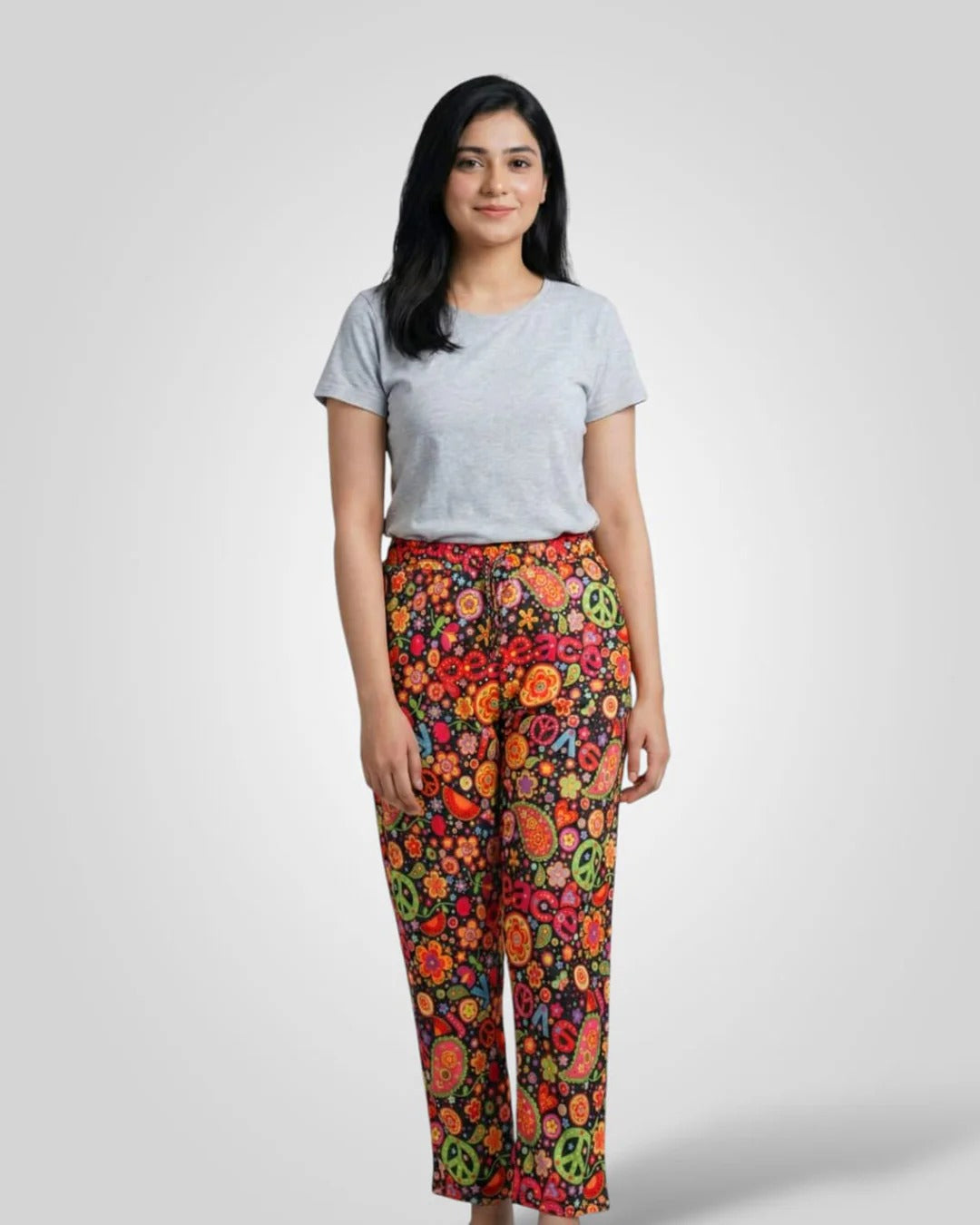 Women Boho Peace Print Elastic Waist Trousers – Casual & Lounge Wear