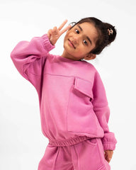 Girls Winter Fleece Cargo Suit – Pink Warm Sweatshirt & Trouser Set
