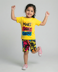 Make Today Great Yellow T-Shirt & Printed Shorts Set