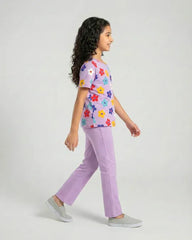 Blossom Dream Girls Floral Top & Purple Flare Pants Set